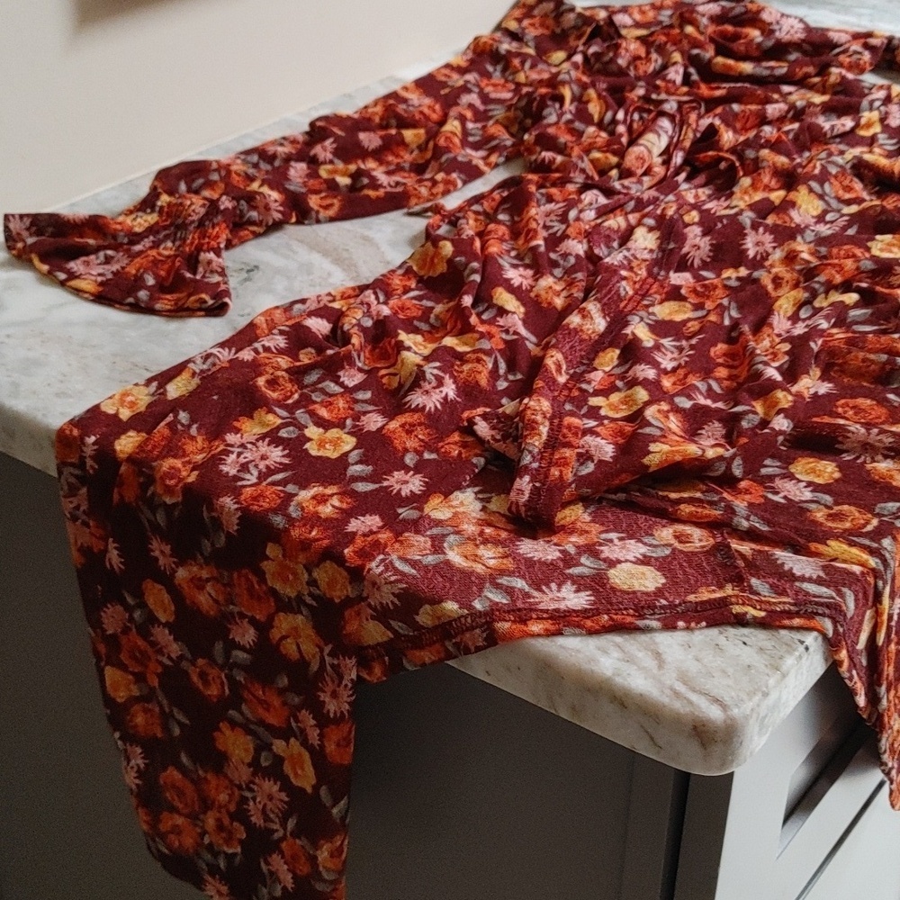 Ember Burgundy with Orange & Gold Flower Print Mesh Duster L
